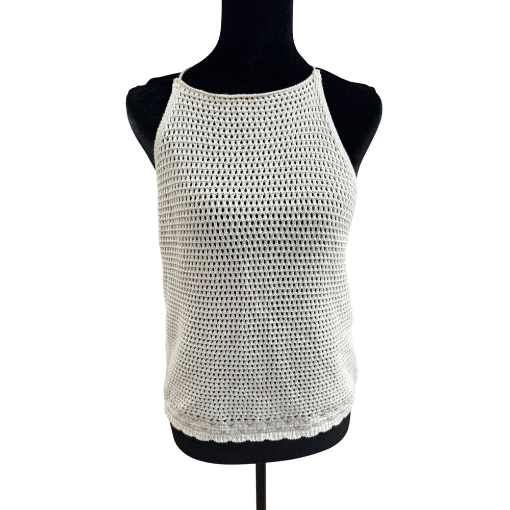 Mango MNG Women Off White‎ Crochet Knit Halter Top Open Weave Tie Back Size L